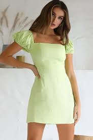 Light Green Square Neck Puff Sleeve Casual A Line Dress Tight Green Dress Green Dress Casual Light Green Dress