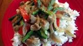 beef stir fry with asparagus  red bell peppers and caramelized o