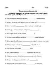 Pronoun Antecedent Agreement Quiz With Answer Key Ccss Aligned
