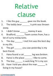 The basic relative pronouns are who, which, and that; Relative Clause Exercise
