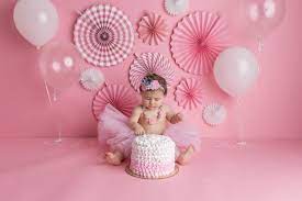Baby Girl Birthday Cake Smash Photography Cake Smash With Pink White  gambar png
