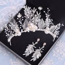 Flower Fairy Silver Leaf Bridal Jewelry 2020 Metal Beading Pearl Tiara Earrings Wedding Accessories