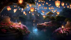 a painting of floating lanterns and