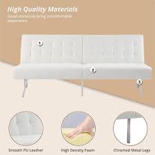 Homestock White Faux Leather Tufted Split Back Futon Sofa Bed Couch Bed Futon Convertible Sofa Bed With Metal Legs
