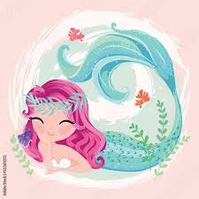 little cute mermaid with fishes and
