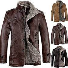 Mens Pu Leather Fleece Fur Lined Trench