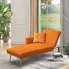 orange velvet tufted convertible accent sofa chaise lounge with metal feet for small e