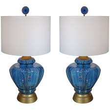 Pair Of Mid Century Blue Glass Lamps