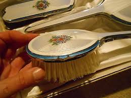 Baby hair brush and comb 3 pc. Vintage Hairbrush Set In Box Brush Comb Mirror Blue Enamel Style 1694463135
