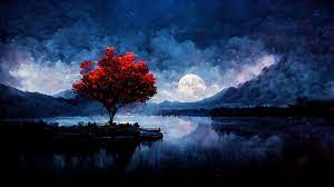 night moon lake tree mountain clouds
