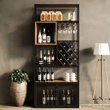 Homary Industrial Tall Black Bar Wine Rack Cabinet With Glass Holder Wood 5 Tier Home Bar Cabinet