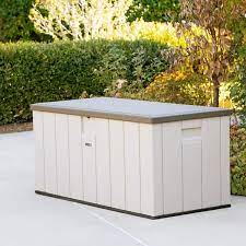 lifetime 60254 heavy duty outdoor storage deck box 150 gallon desert sand brown