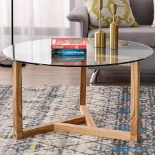 Urtr Modern 35 4 In Natural Round Tempered Glass Coffee Table For Living Room With Wood Base