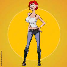 cartoon red haired woman with big breasts standing akimbo Stock Vector |  Adobe Stock