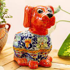 Talavera Style Ceramic Dog Planter From