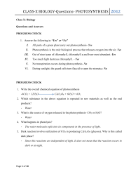 class x biology questions photosynthesis
