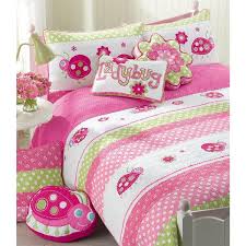 5 Piece Polka Dot Fl Embroidered Lady Bug Stripe Pink Green White Cotton Twin Quilt Bedding Set With 3 Décor Throw Pillows By Cozy Line Home