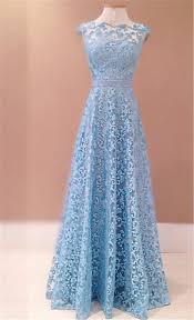 A Line Scalloped Neck Backless Sky Blue Lace Evening Prom Dress With Sash
