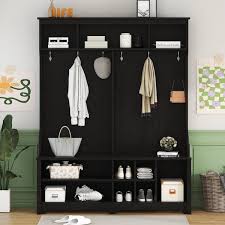 60 In W X 15 7 In D X 77 1 In H Black Linen Cabinet Metal Hooks And Storage Space Multi Functional Entryway Coat Rack