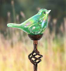 Solar Glass Bird Finial Stake Green