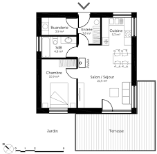 plan de maison de 50 m² avec 1 chambre