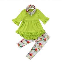 Little Girls Toddler Kids Pink Green Long Sleeve Ruffle Dress T Shirt Floral Capris Pants Headband Scarf 3 Pcs Outfits Sets