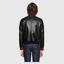 Black Leather Jacket With Web Gucci Us