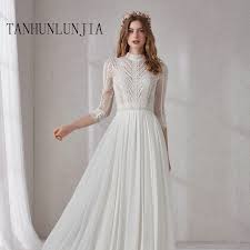 High neck white dress lace. 2021 High Neck White Wedding Dress A Line Button Lace With Chapel Train 3 4 Sleeves Outdoor Church Wedding Dresses Wedding Dresses Aliexpress
