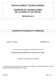 Sujet du bac ST2S Sciences Physiques et Chimiques 2015 | Examens Physique |  Docsity