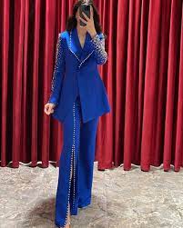 Женский брючный костюм VD, ярко-синий костюм из двух предметов, вечернее  платье с V-образным вырезом и разрезом спереди для выпускного вечера |  AliExpress