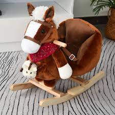 qaba kids ride on rocking horse with cradlesong handle grip hand puppet traditional toy gift for children 18 36 months brown aosom canada