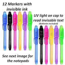 Invisible Ink Pen With Uv Light 12 Pack Pens Black Mini Top Secret Notepads 12 Pack Perfect Favor For Kids Spy Parties Stocking Suffers Pinatas Disappearing Glow In The