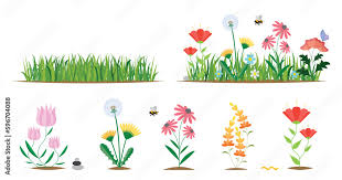 Flower And Grass Flat Icon Set Isolated