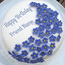 friend name on violet flowers birthday cake