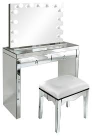 Makeup vanity table in a very simple shape based on rectangular top and supports. 40 Mirrored Vanity Table With Chair And Led Hollywood Mirror Contemporary Bedroom Makeup Vanities By Krugg Reflections