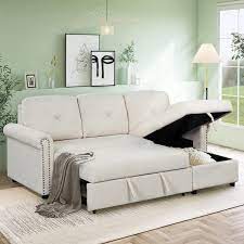 Beige Polyester Convertible Sectional