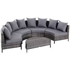 Outsunny 5pc Patio Furniture Set Outdoor Garden Rattan Wicker Sofa Cushioned Half Moon Seat Deck With Pillow Table Grey