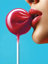 a woman with red lips biting a lollipop