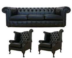 Walnut chair & ottoman 100% genuine leather lounge chair black. Chesterfield 3 Seater Wing Wing Chair Black Leather Sofa Settee Suite Ebay
