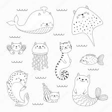 Check spelling or type a new query. Set Of Kawaii Doodles Of Sea Animals With Cat Ears Mermaid Jellyfish Ray Whale Fish Seal Hand Drawn Vector Illustration Line Drawing Design Concept Coloring Pages For Kids Premium Vector In