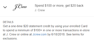 How to apply for j.crew credit card. New Amex Offer Save 20 When You Spend 100 At J Crew Miles To Memories