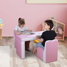 qaba kids sofa set 2 in 1 multi functional toddler table chair set 2 seat couch storage box soft sy pink