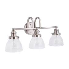 Hampton Bay Albona 3 Light Brushed Nickel Vanity Light With Clear Seeded Glass Shades 20359 001 The Home Depot