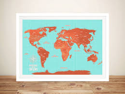 Turquoise And Orange Push Pin World Map Framed Wall Art With Pins