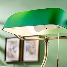Table Lamp Old Brass Green With Pull