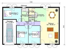 plan de maison avec 3 chambres salon
