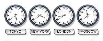 World Time Zone Clocks With A Tokyo New York London And Moscow Clock Representing International Business And The Different Times From Around The World For Travel And Finances Stock Photo, Picture And