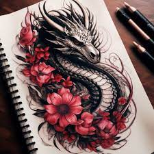 Эскиз татуировки дракон с цветами» — создано в Шедевруме