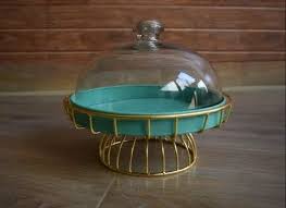 Green Metal Cake Stand With Glass Lid