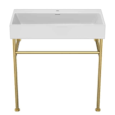 White Ceramic Rectangular Vessel Sink Bathroom Console Sink With Overflow And Gold Legs